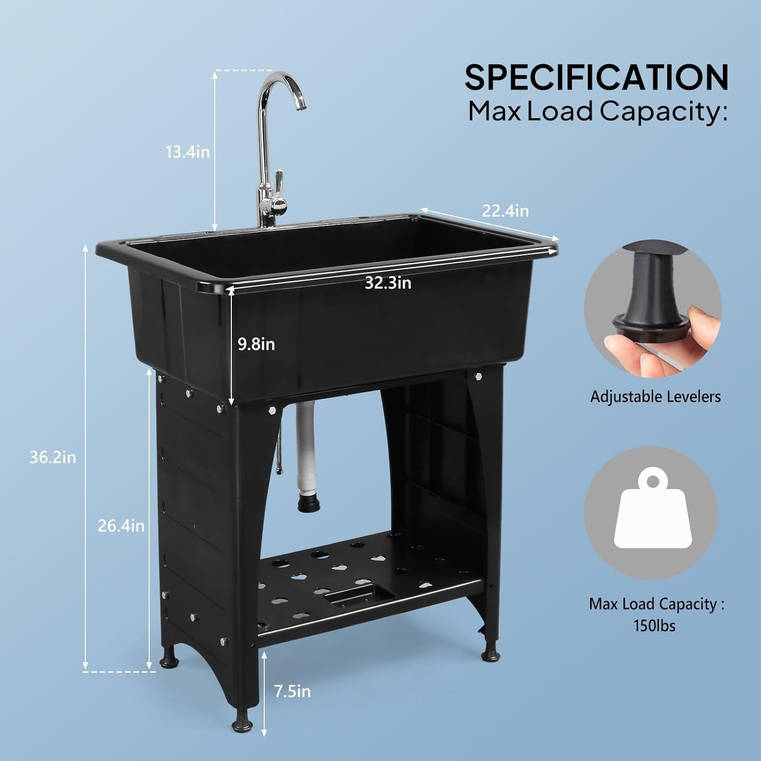 32.3″L x 22.4″W x 49.6″H In/Outdoor Utility Sink with Stainless Steel Faucet