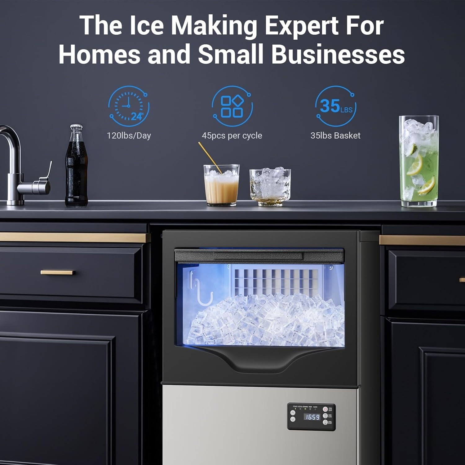 120lbs/24H Commercial Ice Maker Machines with 35 lbs Storage for Bar, Restaurant