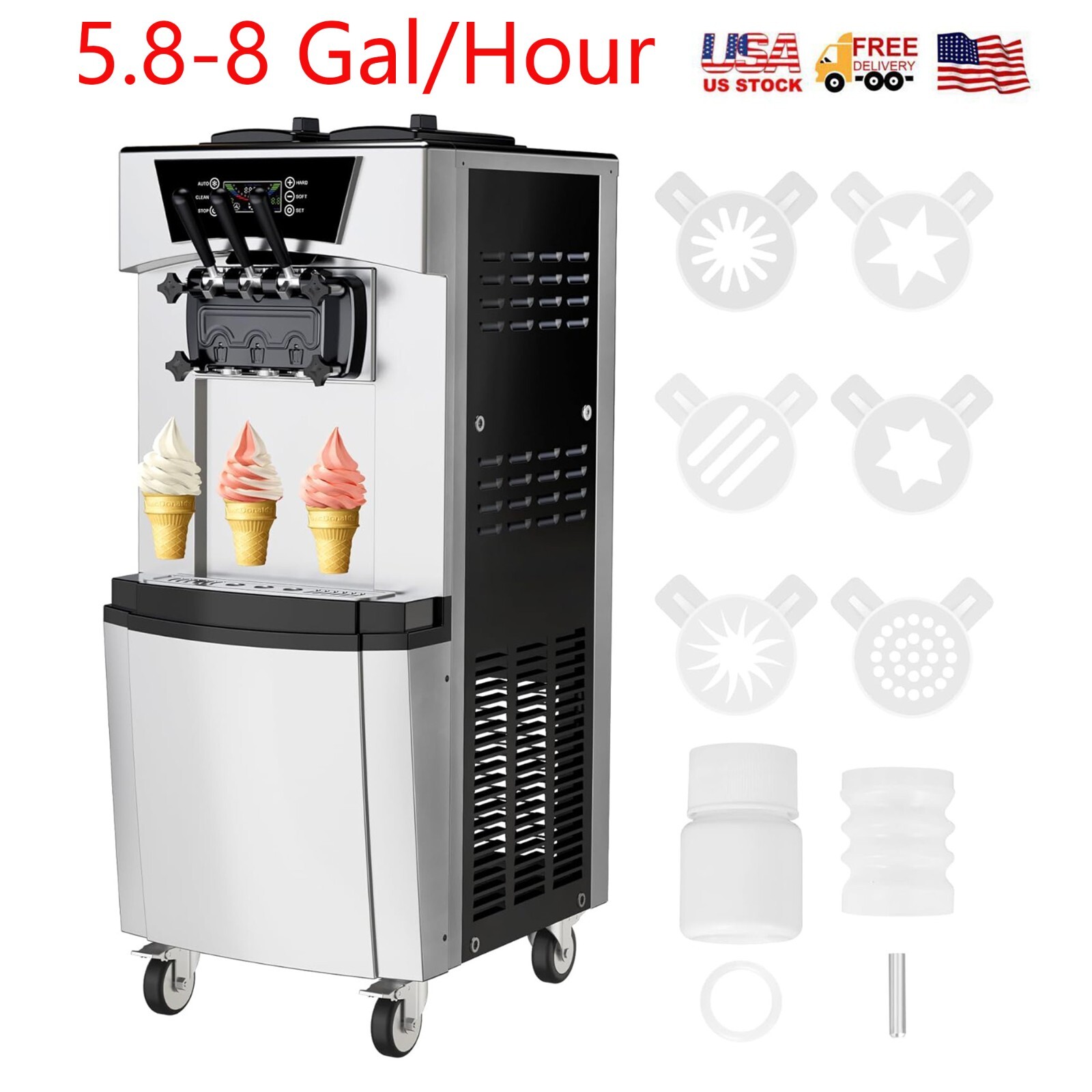 Commercial 3 Flavors Soft Ice Cream Maker 5.8-8 Gal/Hour With Automatic Cleaning