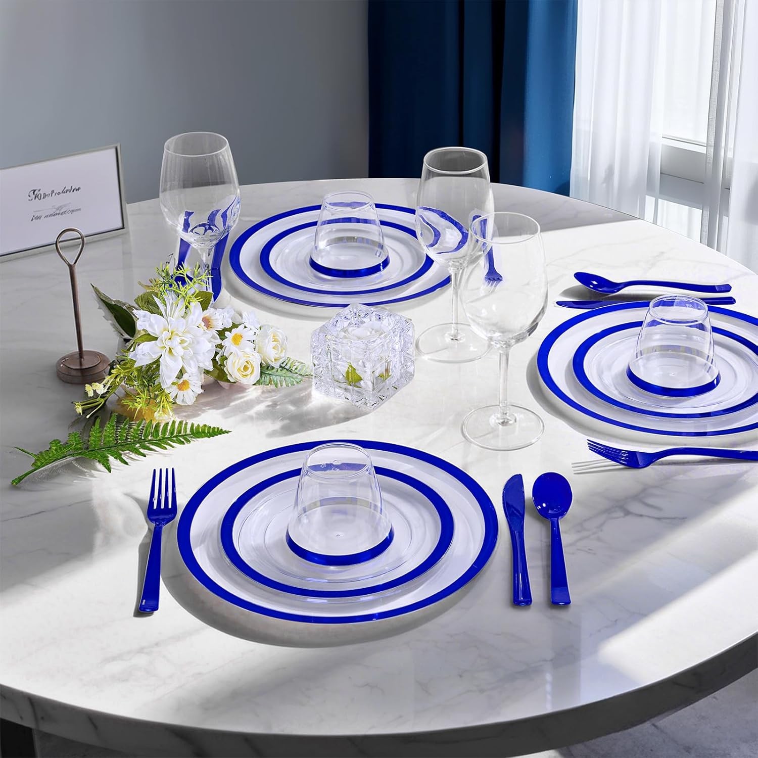 210 Pcs Dark Blue Plastic Plates, Clear Disposable Plates for 30 Guests, Blue