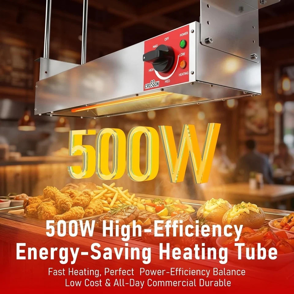 Crosson 24 in Electric Food Heat Lamp Warmer 500W Commercial Buffet Silver