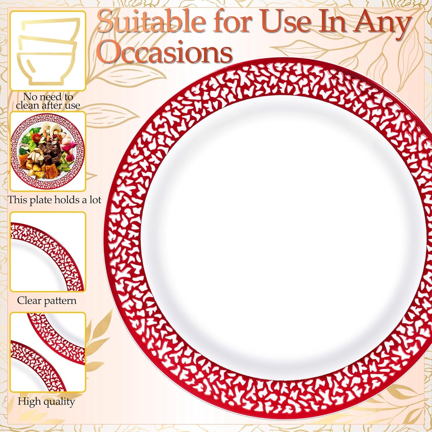 210Pcs Red Plastic Dinnerware for 30 Guests,Red Lace Disposable Plasticc Plates