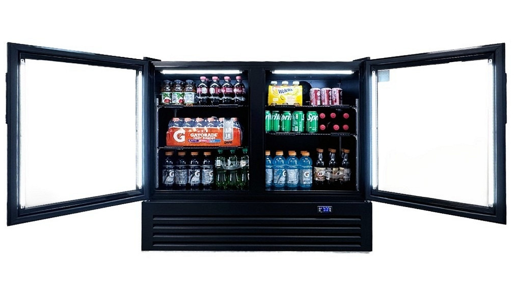 46″ W 11.3 Cu. Ft. Upright Merchandising Glass Door Refrigerator, Black