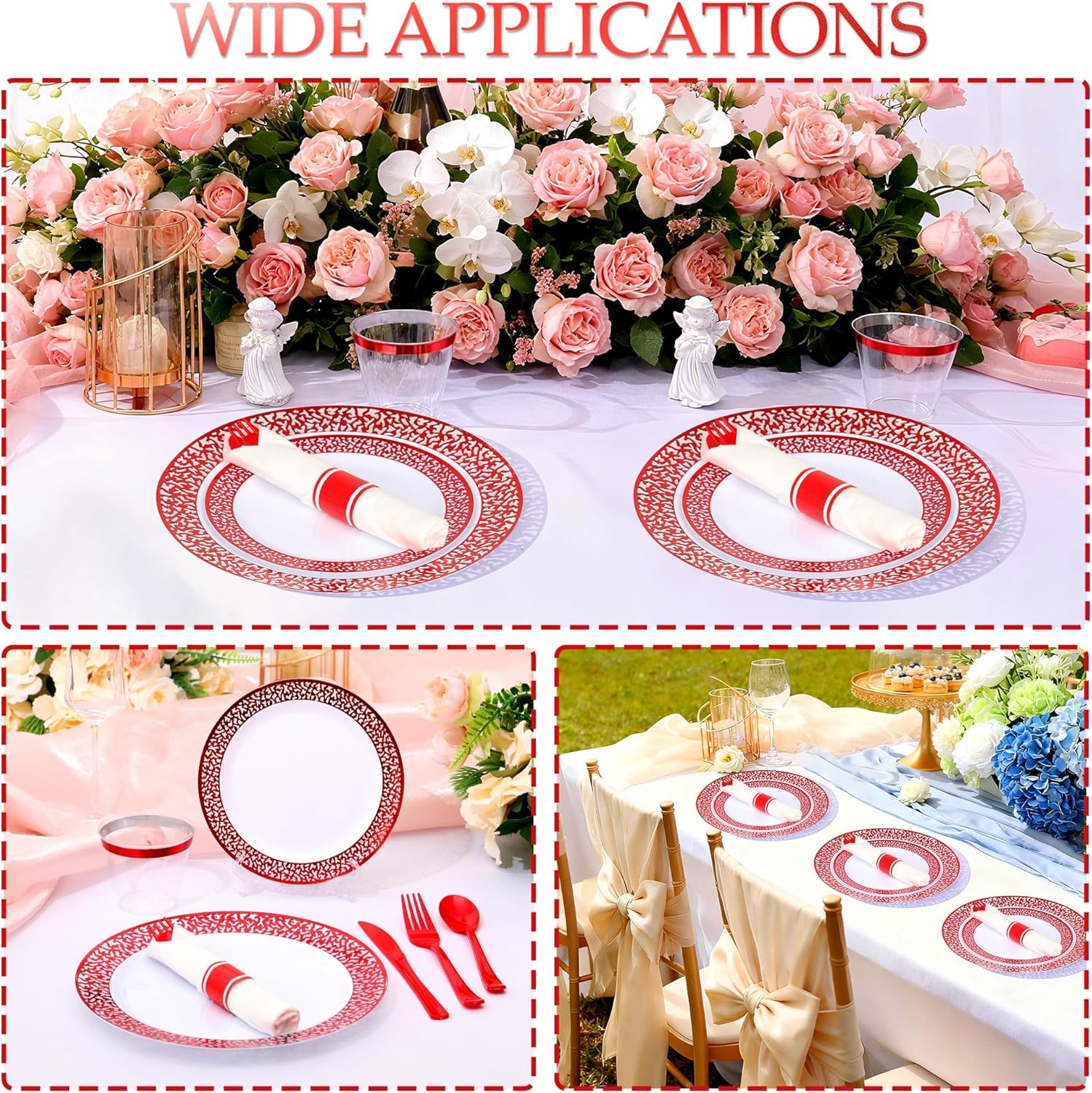 210Pcs Red Plastic Dinnerware for 30 Guests,Red Lace Disposable Plasticc Plates