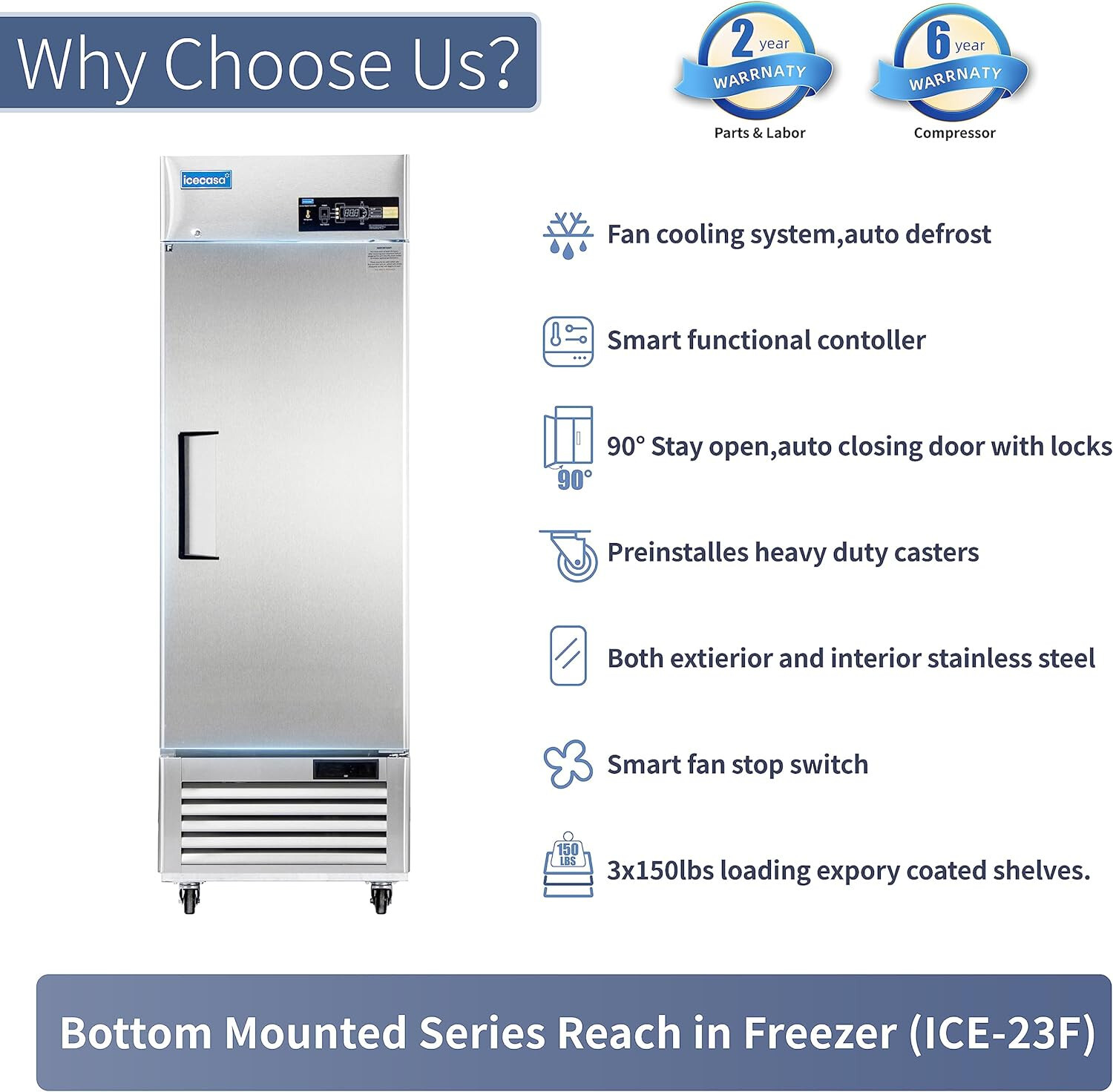 27″ Commercial Freezer, ICECASA Single Door Commercial Reach-In Freezer 23 Cu.ft