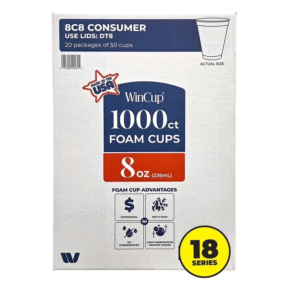 WinCup Foam Drink Cups 18 Series, White, 8 Ounce Capacity, 1000 Count