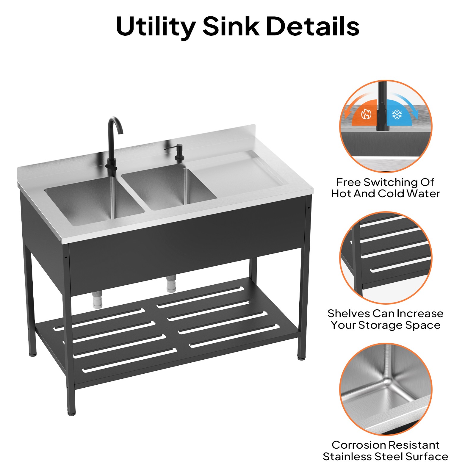 Heavy-Duty Stainless Steel Double Bowl Utility Sink, 47.5″D x 24″W x 38.9″H New