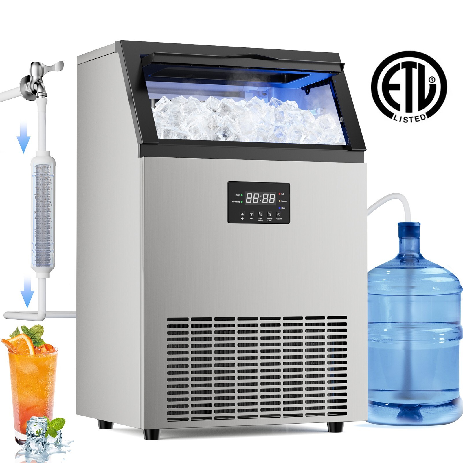 160lb/24H Commercial Ice Maker Machine 50LB Storage Bin 55 Ice Cube Undercounter
