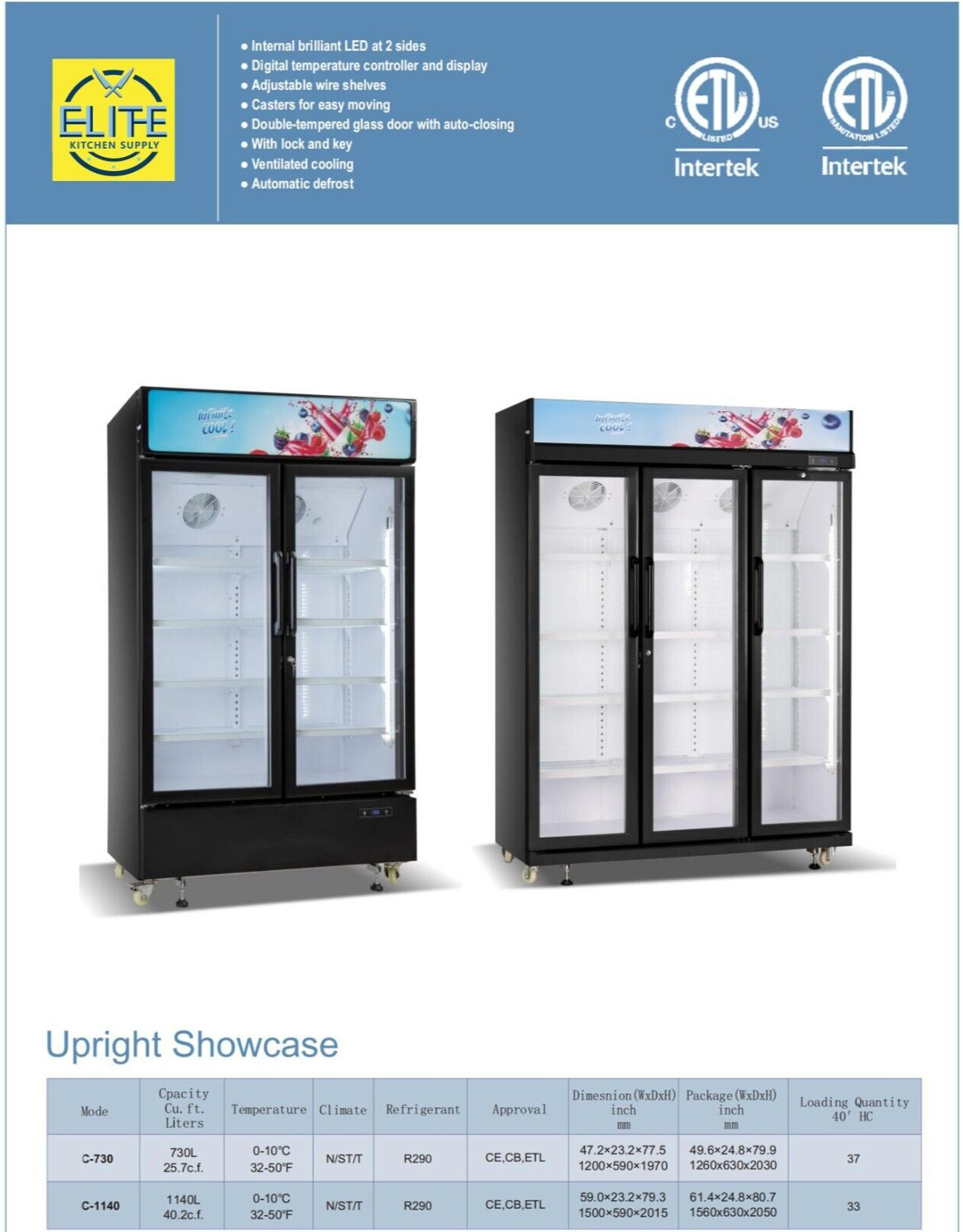 New 48″ 2 Door Glass Door Refrigerator Cooler Merchandiser 26 Cu. NSF CSA ETL