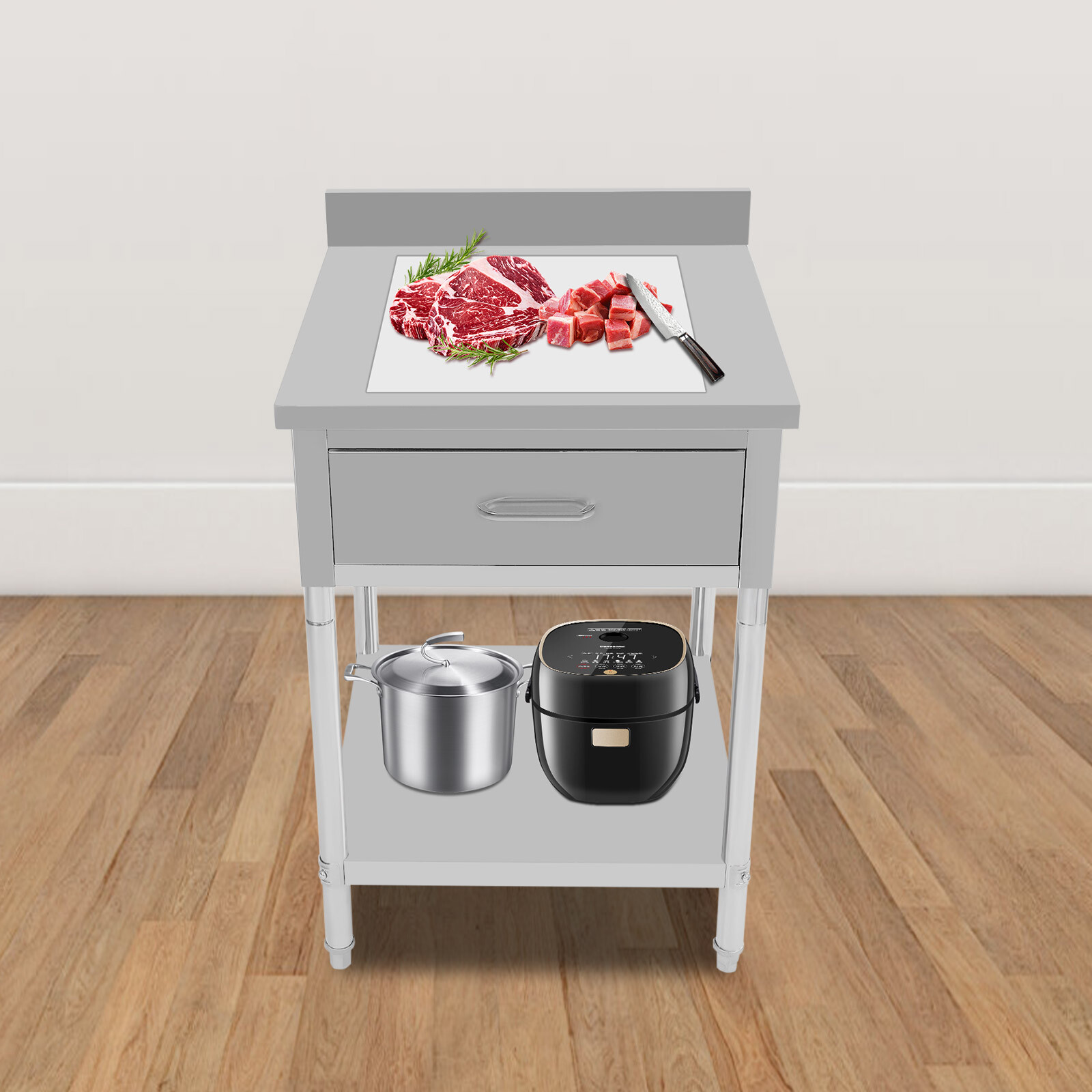 2 Layers Stainless Steel 24″x24″ Kitchen Work Table Food Prep Table With Drawer