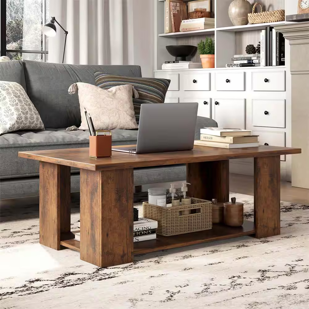 41 In. Brown Rectangle Wood Top Coffee Table 2-Tier Modern Center Cocktail Table