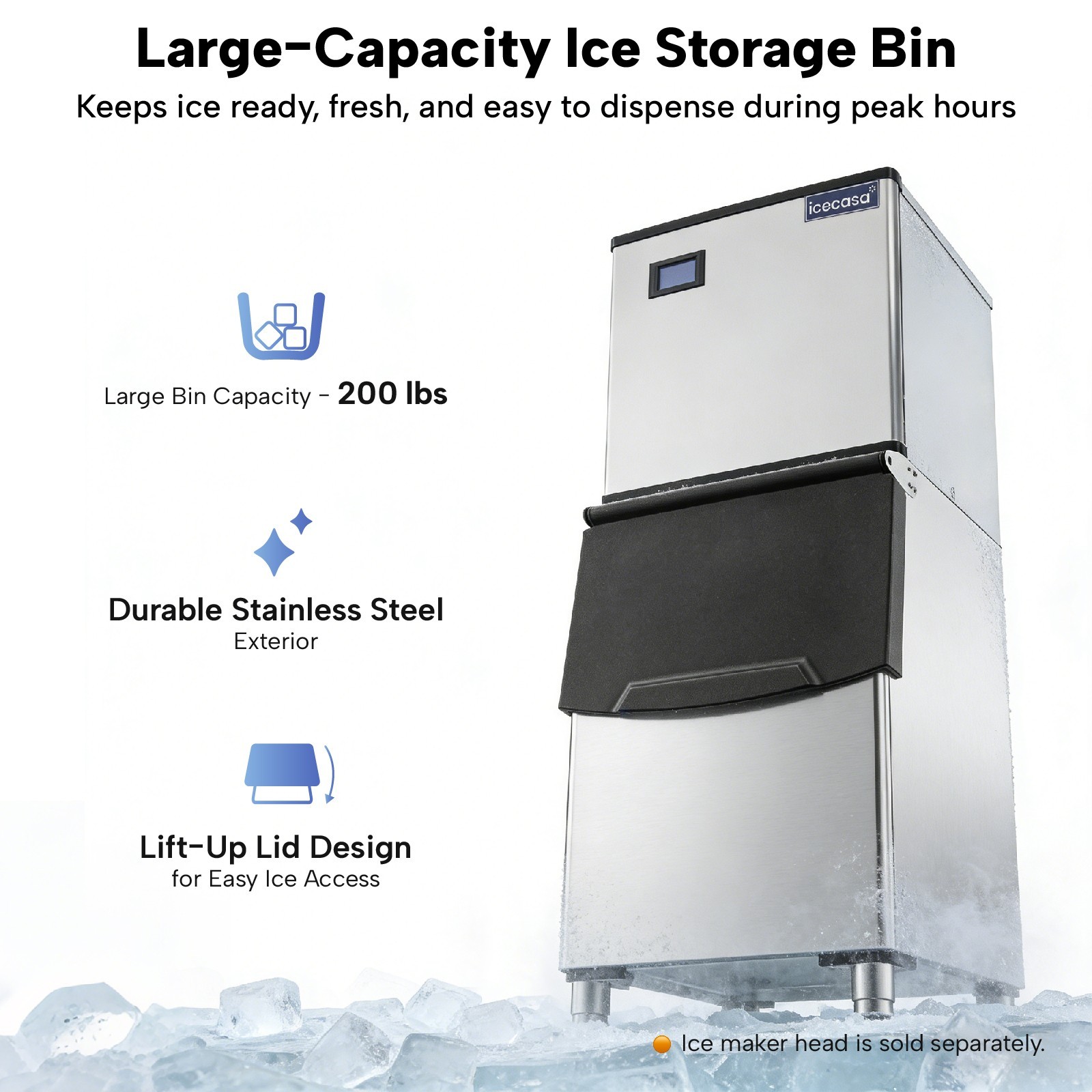 ICECASA 200lb Commercial Ice Storage Bin Stainless Steel Holder for Modular Head