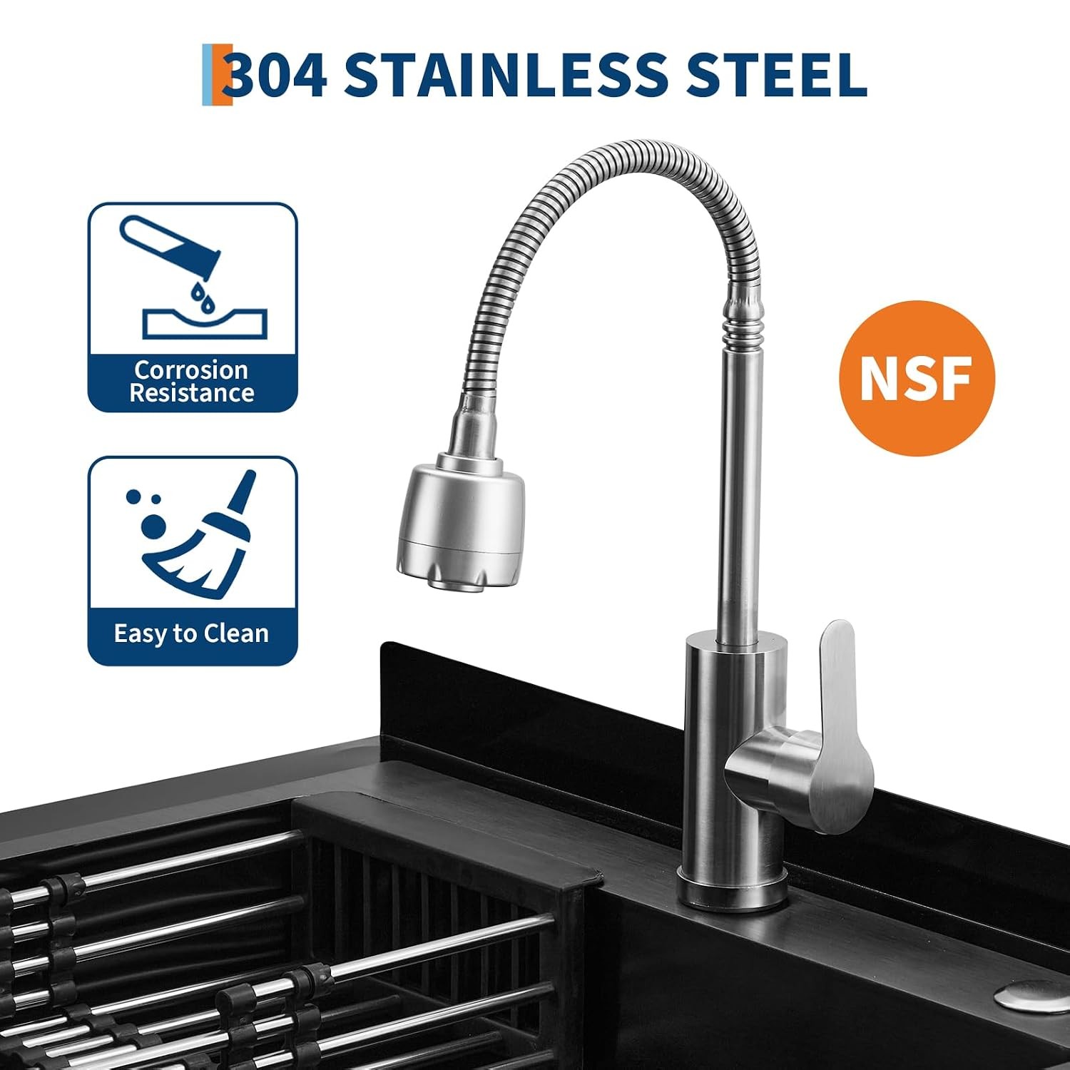Black Adjustable Stainless Steel Utility Basin Single Bowl Freestanding w/Faucet