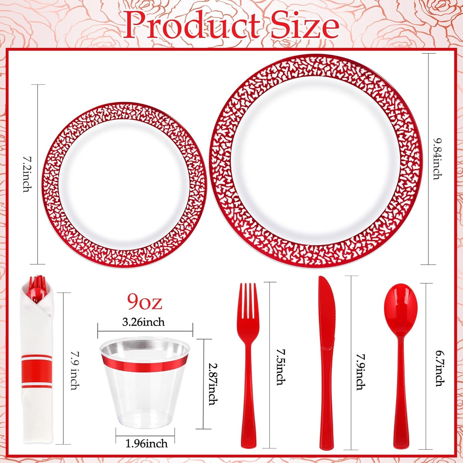 210Pcs Red Plastic Dinnerware for 30 Guests,Red Lace Disposable Plasticc Plates