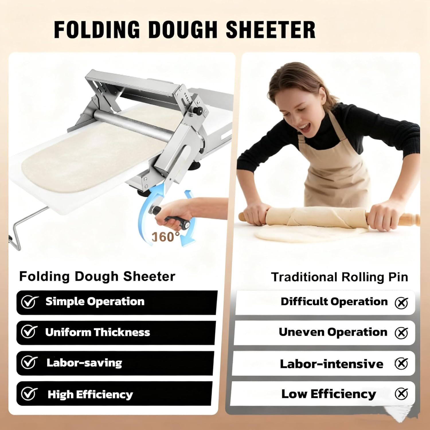 304 Stainless Steel Manual Dough Sheeter with Adjustable Thickness Roller