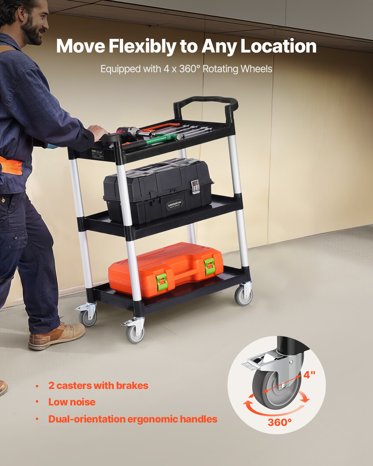VEVOR Heavy Duty Utility Cart 300 lbs Capacity 3-tier Service Cart with Wheels