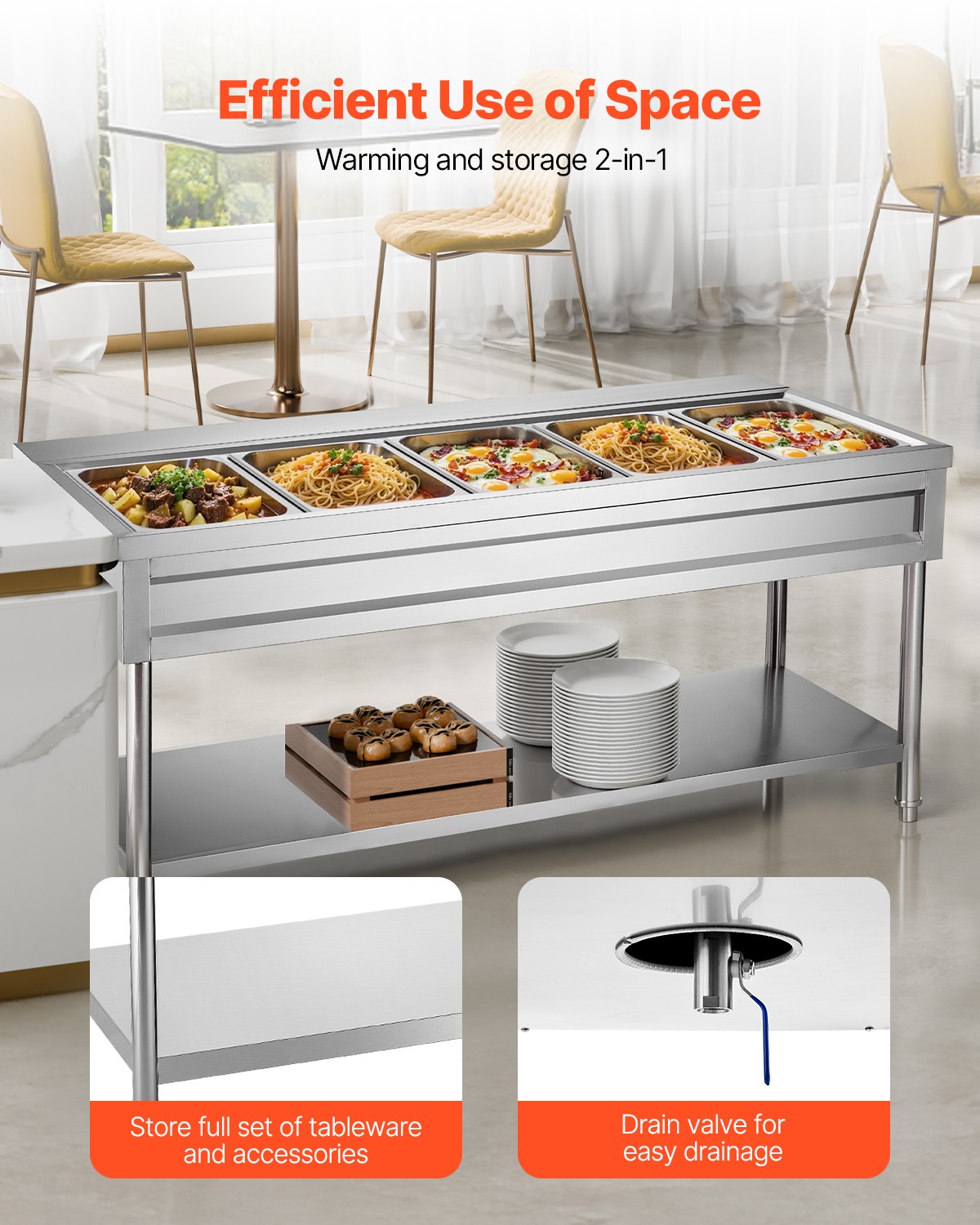 VEVOR 5-Pan Commercial Food Warmer Steam Table with Independent Temperature