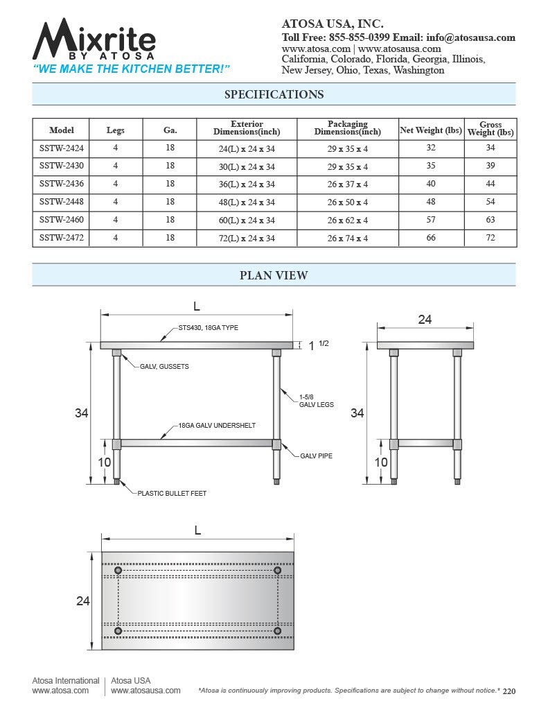 Atosa SSTW-2460 — 24″ x 60″ STAINLESS STEEL Worktable