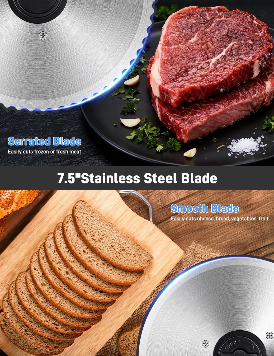 200W Meat Slicer Machine for Home Use,Deli Slicer with 2 Removable 7.5» Stainle