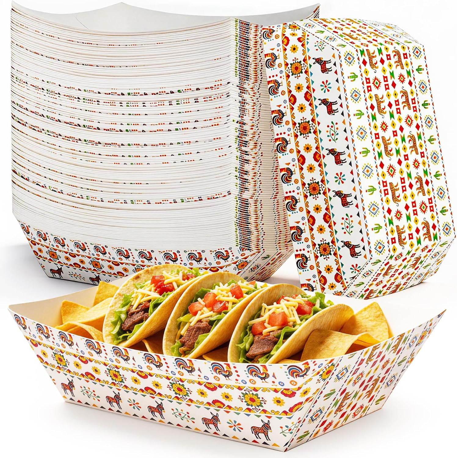 100 PCS 2LB Paper Food Boat Trays, Disposable Mexican Nacho Trays Fully Assemble