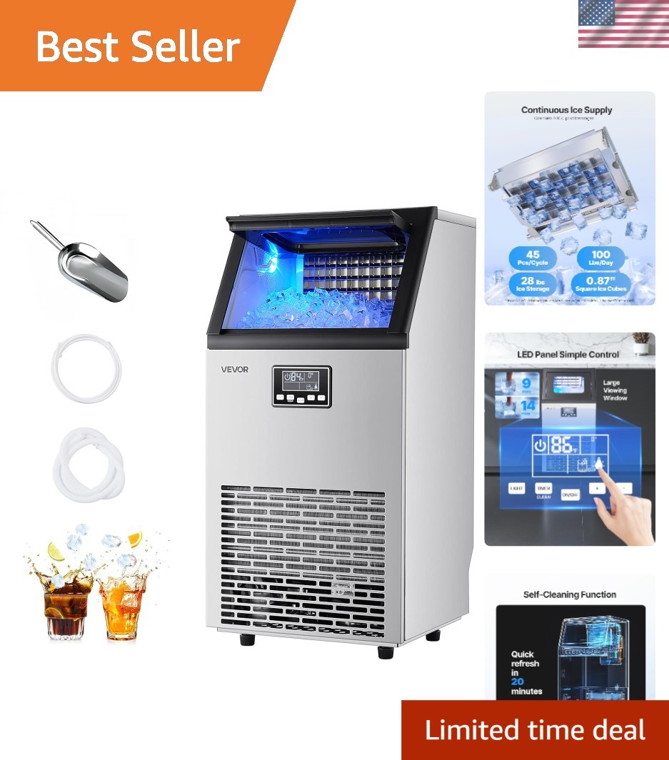 Elegant Commercial Ice Maker – 100 lbs/24h with 28 lbs Storage & Self-Cleaning
