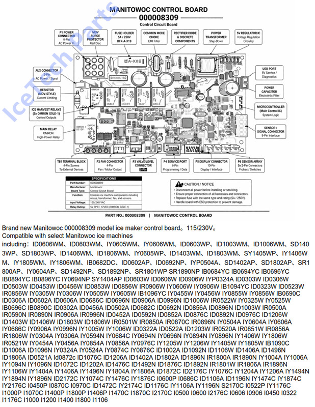 000008309 Control Board for Manitowoc Ice Machine Fits ID IB IR IY SY Series Rep