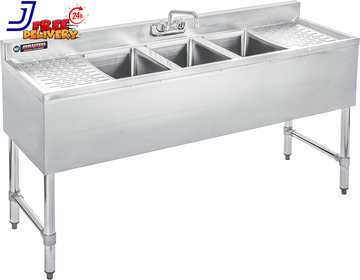 3 Compartment under Bar Sink Stainless Steel 3 Bay Utility Sink w/No Lead Faucet
