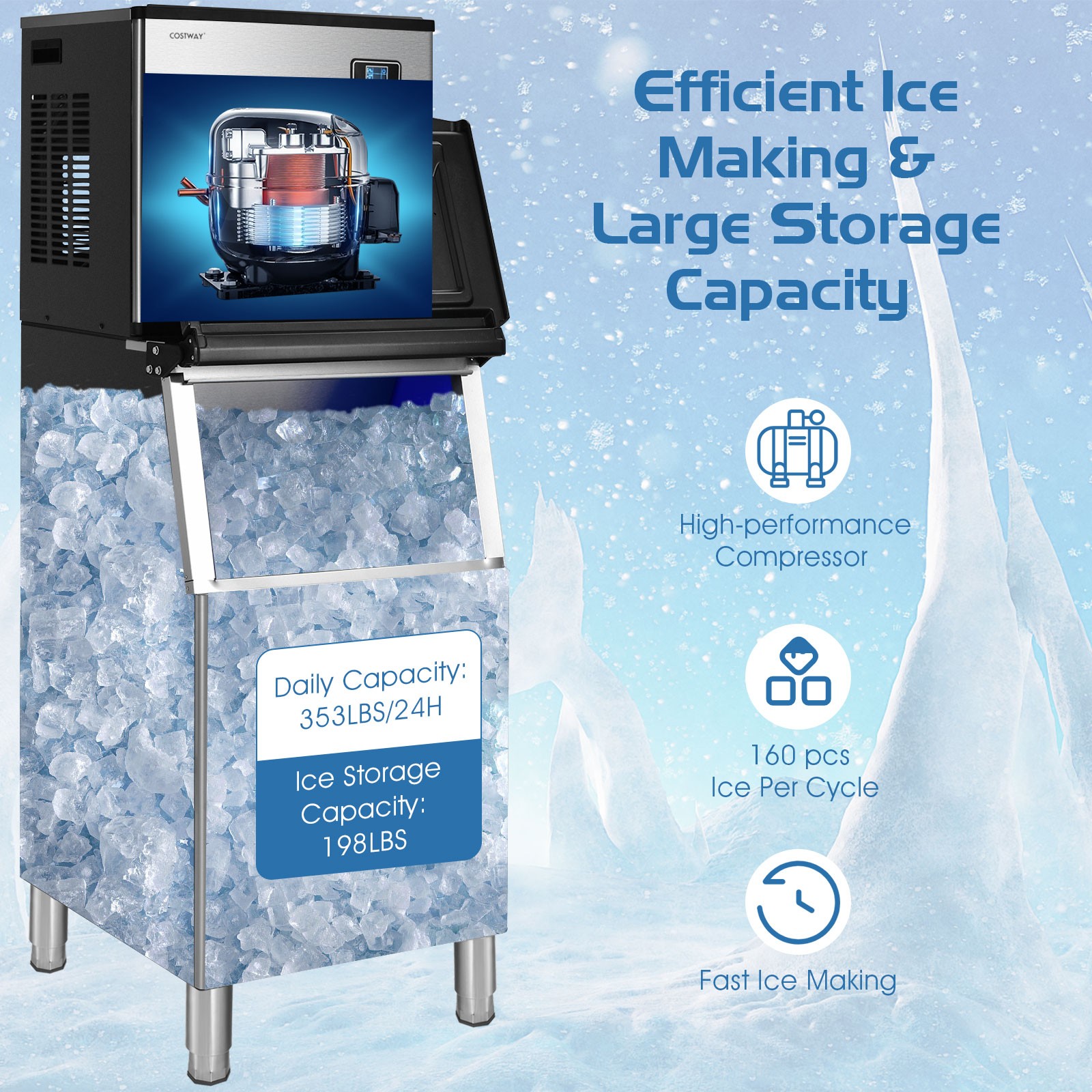Costway Split Commercial Ice Maker 353LBS/24H Ice Machine w/ 198 LBS Storage Bin