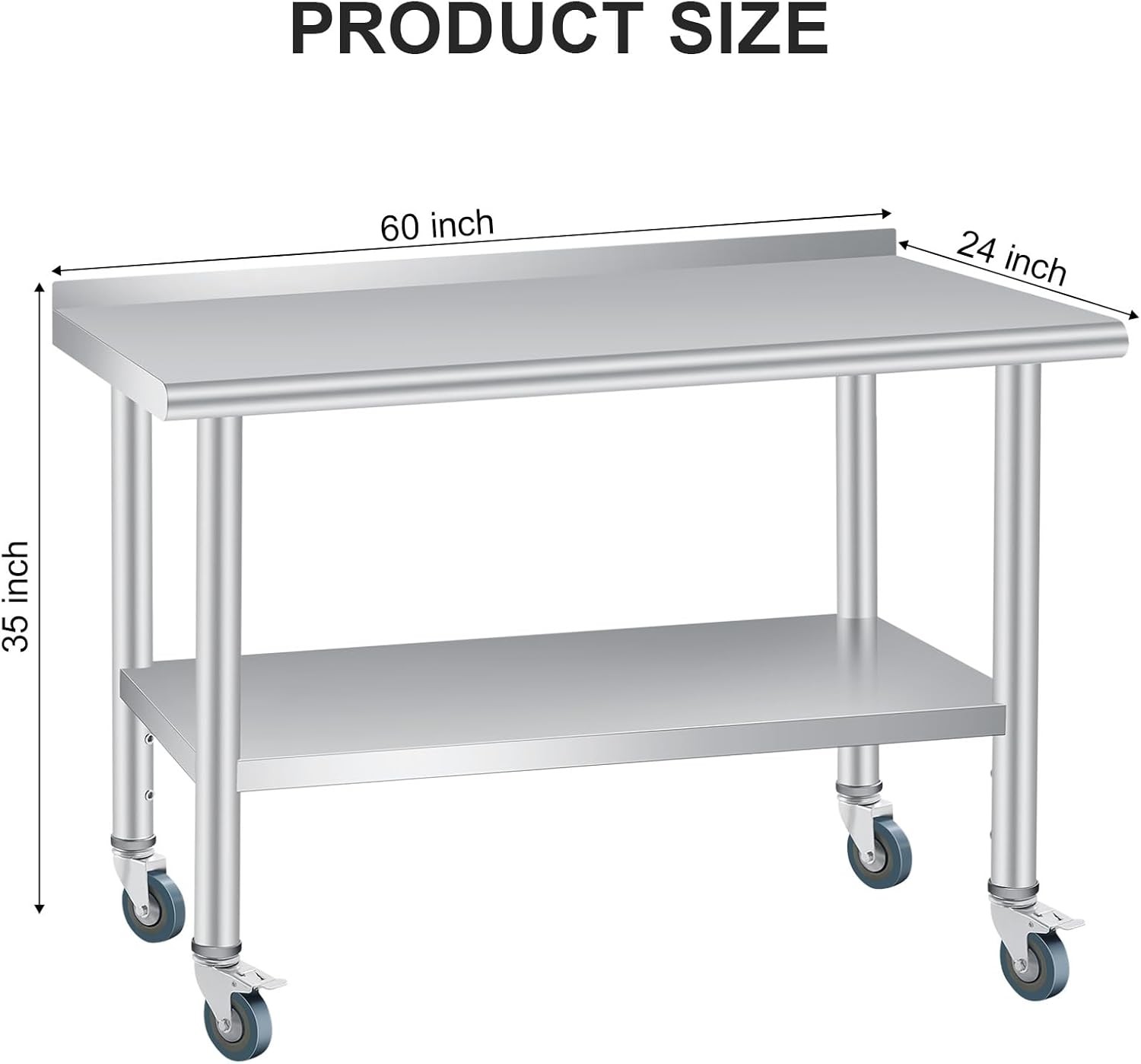Stainless Steel Kitchen Restaurant Prep Work Table with 4 Wheels and Backsplash