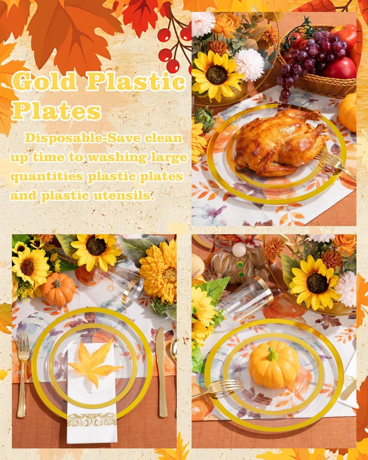 210PCS Gold Plastic Plates – Heavy Duty Clear Gold Disposable Plates Includes 30