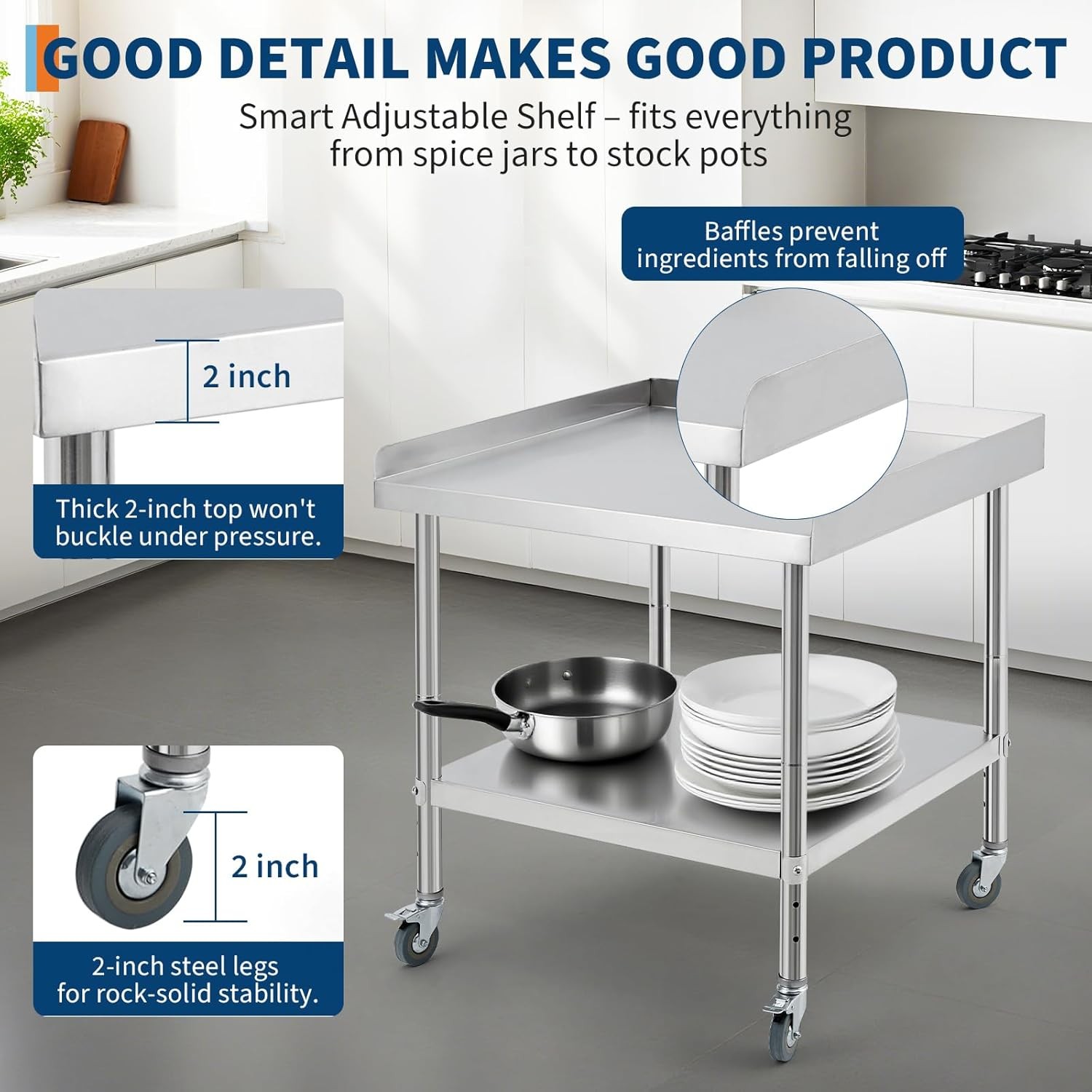 24×24″ Stainless Steel Grill Stand Table Commercial Kitchen Food Table w/ Wheels