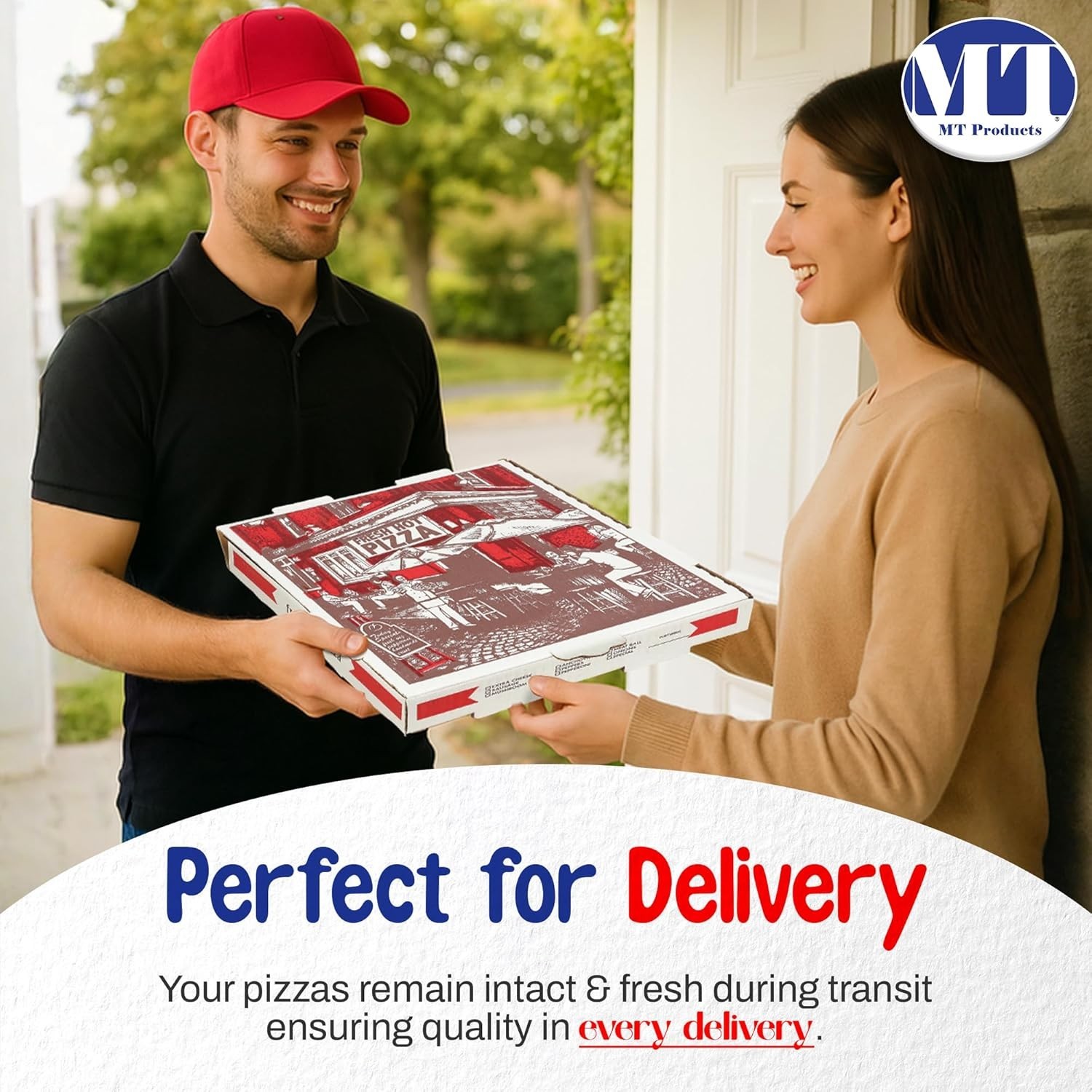 MT Products White and Red B-Flute Pizza Boxes 16″ x 16″ x 2″ – Pack of 10
