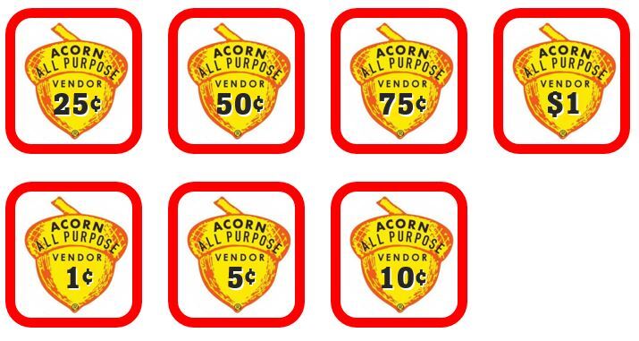 Candy Vending Machine Labels Acorn Price Stickers (4 pack)
