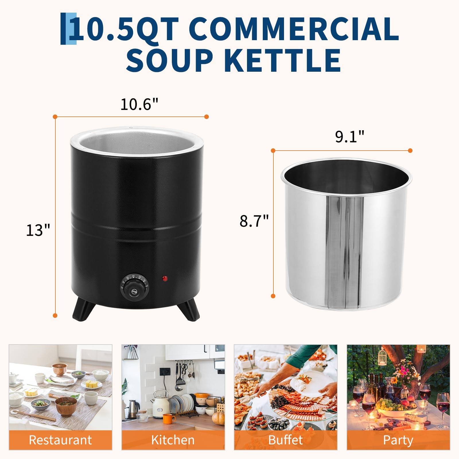 Soup Warmer Kettle – Hinged Lid, Removable Stainless Steel Electric Commercial