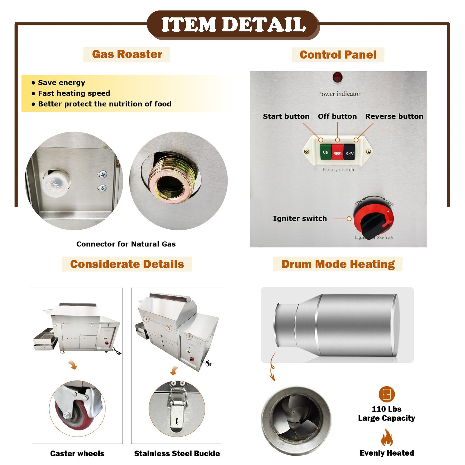 220V Fully Auto Gas Type Coffee Bean/Nut Roaster Drum Roasting Machine 110LBS
