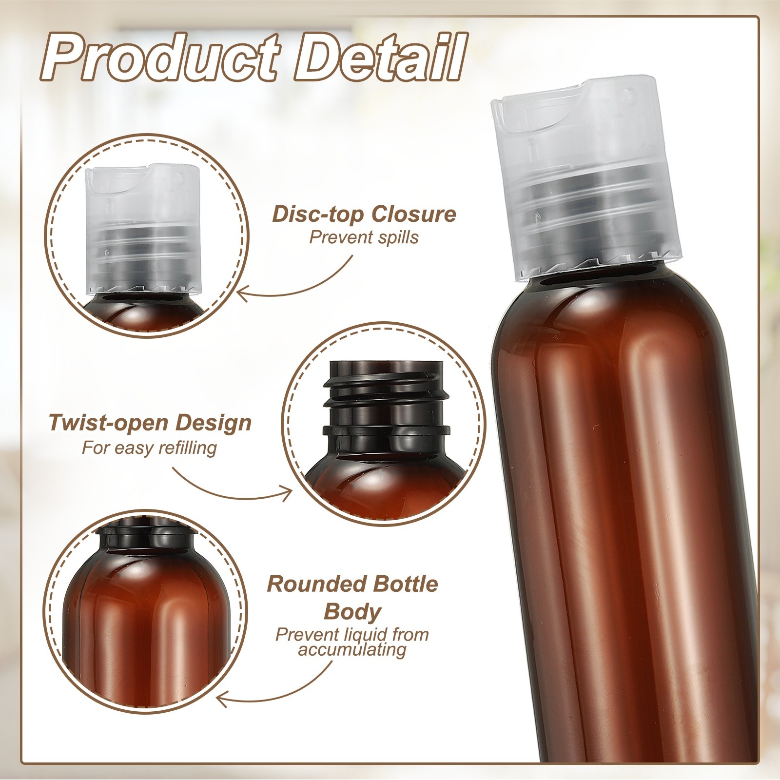 6Pcs 2oz Plastic Travel Bottles, Empty Bottles with Clear Top Caps, Brown