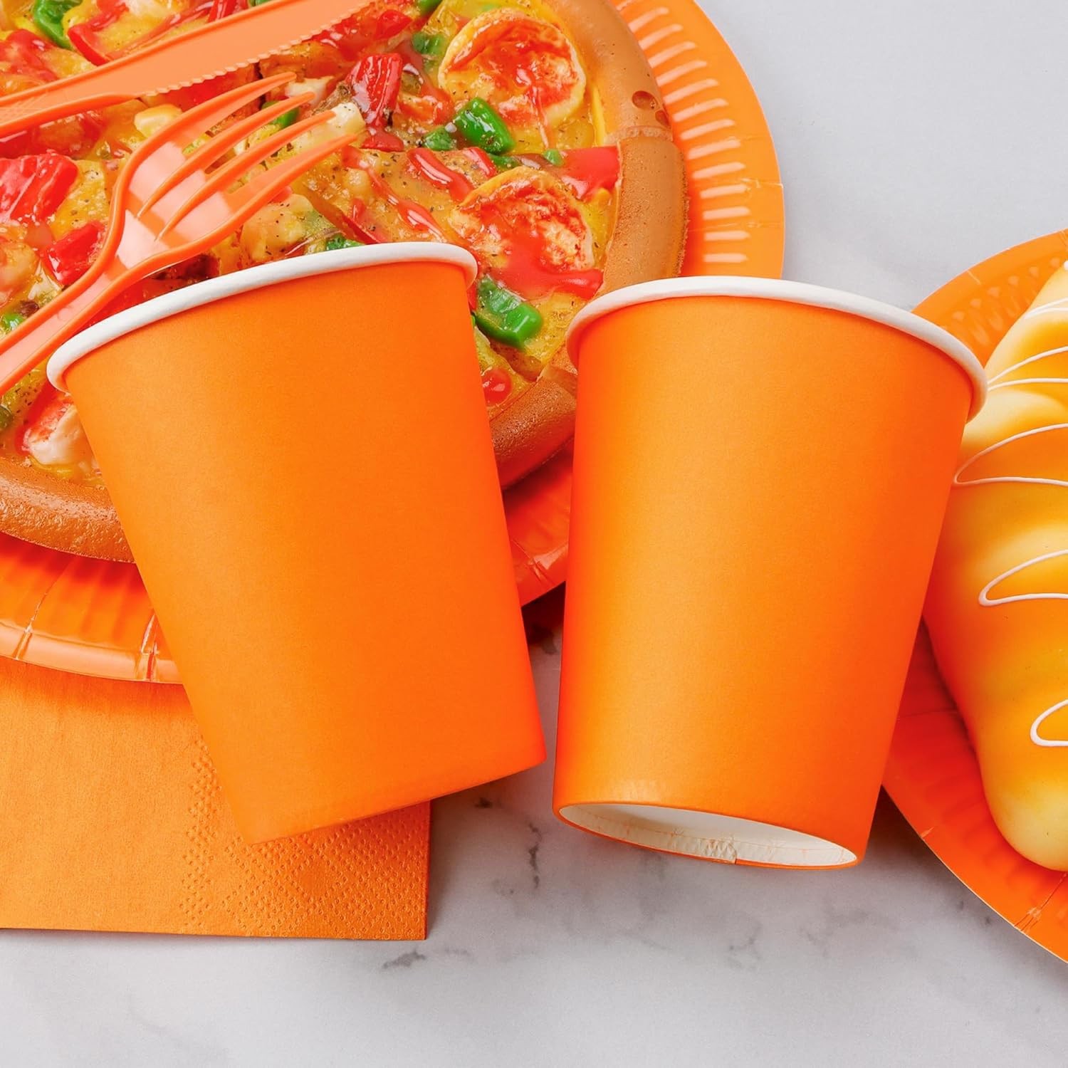 210pcs Orange Paper Plates Disposable Tableware Party Supplies- Includes 9″