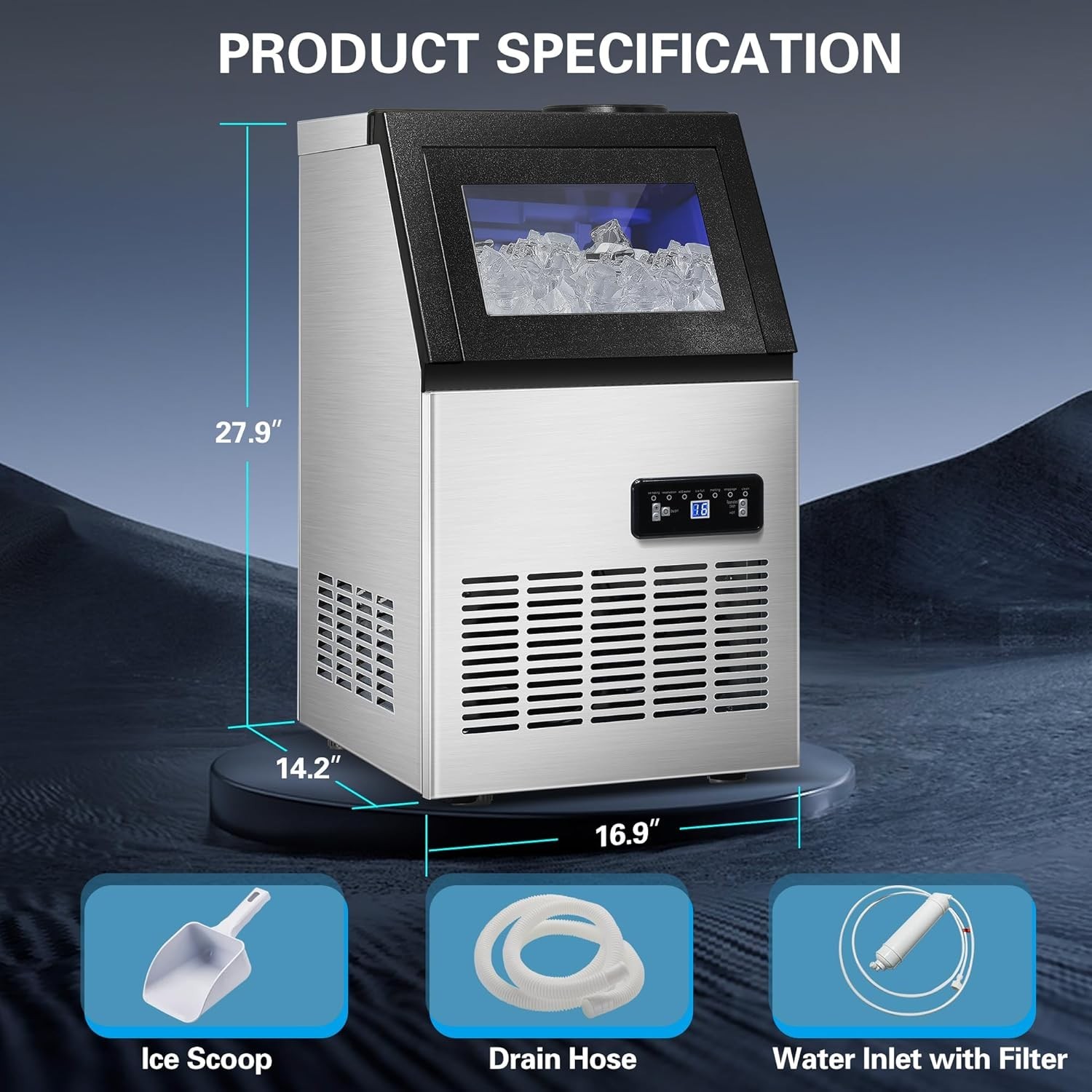 120LBS/24H Commercial Ice Maker – Stainless Steel, Adjustable Thickness, LCD …