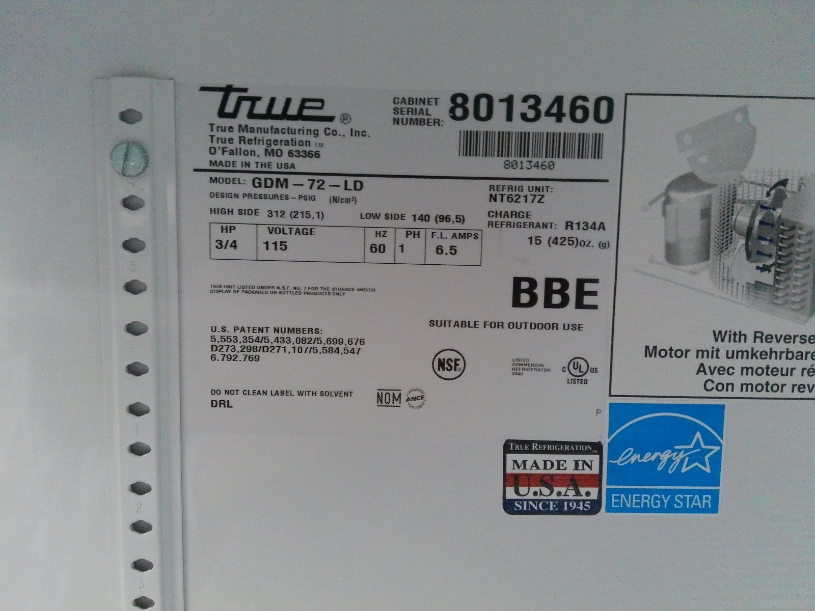 True GDM-72-LD Commercial 3 Door Refrigerator (NO CASTERS) 72cf TESTED