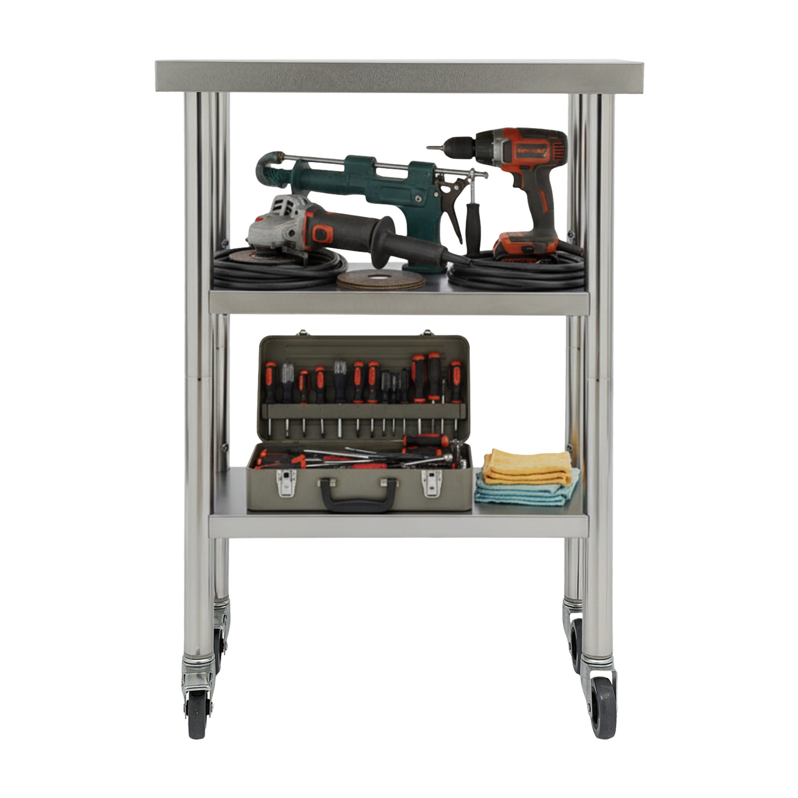 Stainless Steel 3-Tier Workbench 40mm Top 24 × 12 × 35 in Wheels & Foot Pads