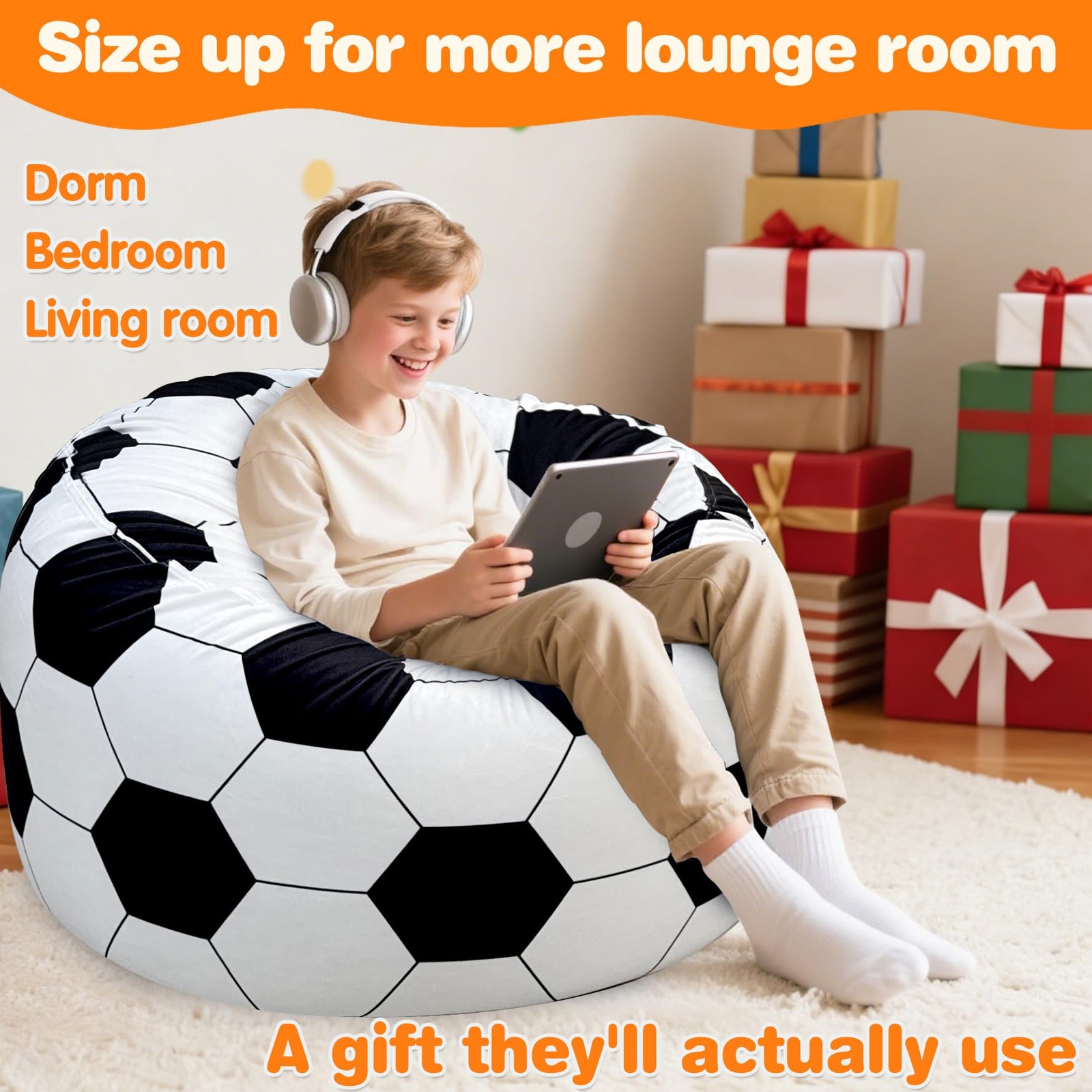 Lukeight Soccer Bean Bag Chair For Kids Teens Adults Memory Foam Filled Floor
