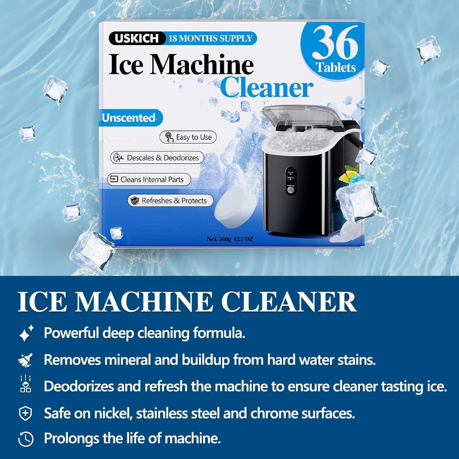 Powerful Nickel-Safe Ice Maker Descaler Tablets – 36 Pack for Crystal Clear Ice