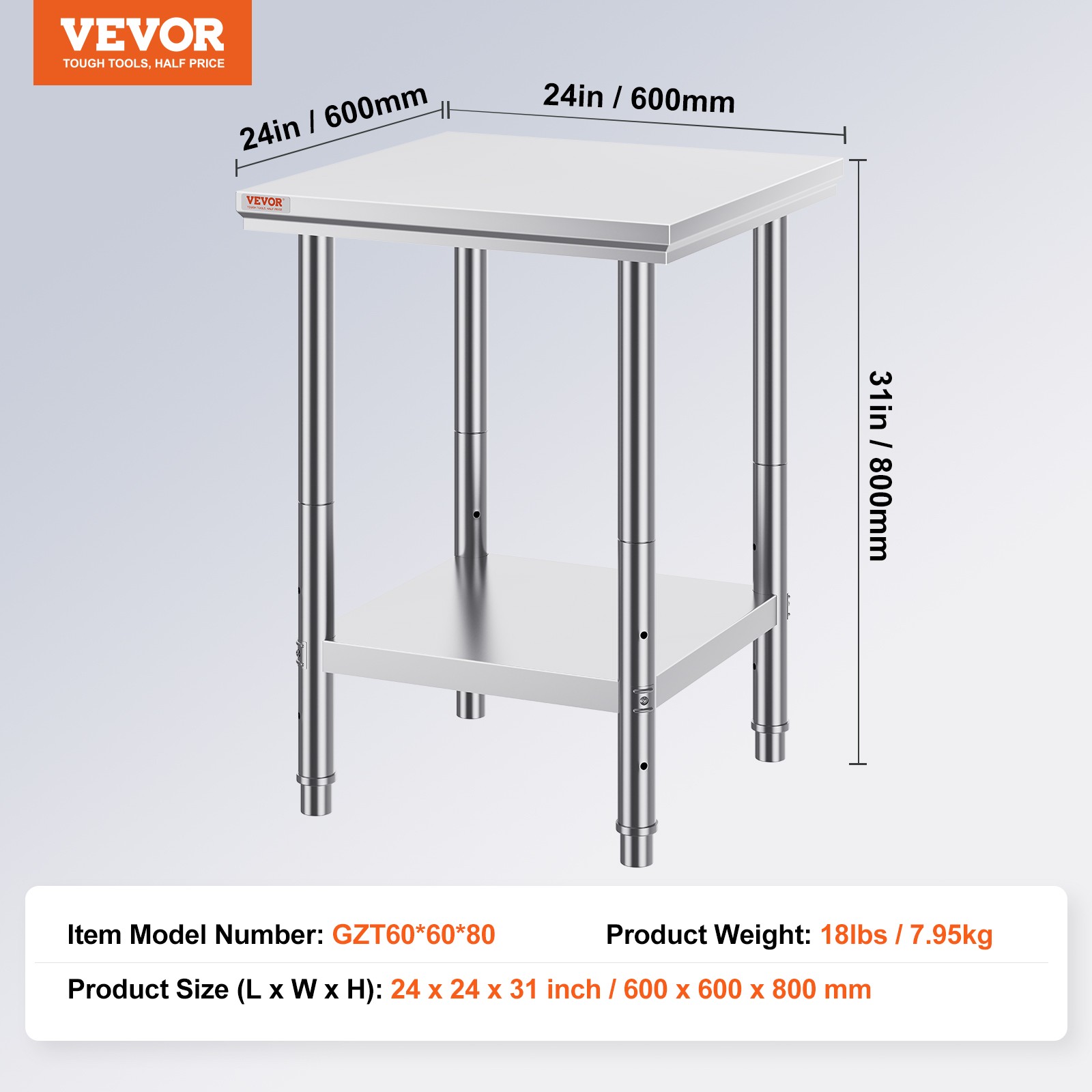 VEVOR Stainless Steel Work Prep Table Commercial Worktable Food Prep 24x24x31in