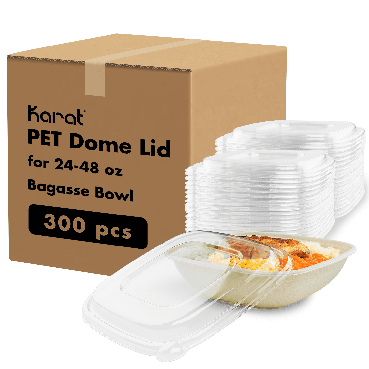 Karat PET Dome Lid for 24, 32, 48 oz Bagasse Square Bowl – 300 pcs,FP-KDL221-PET