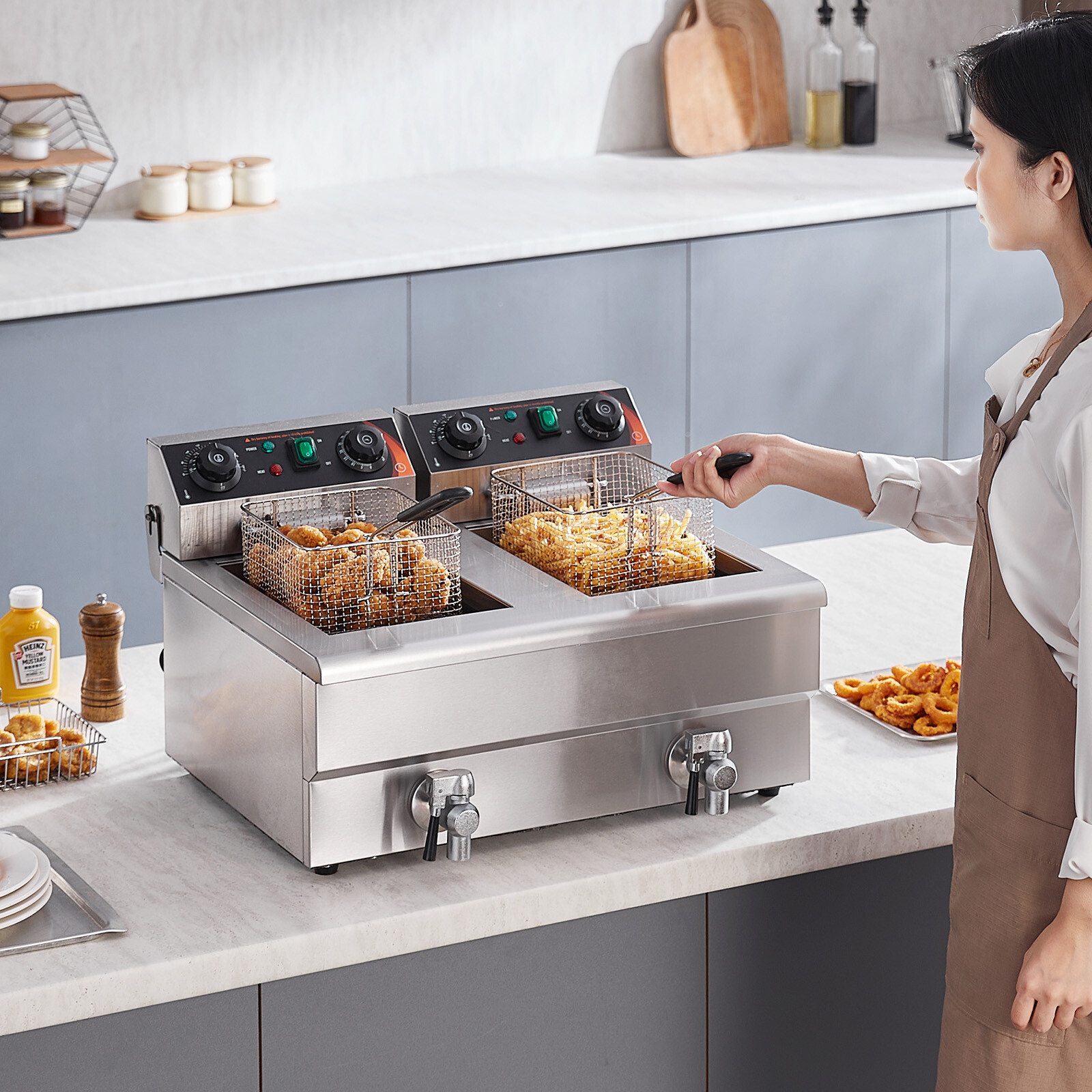 22L Commercial Electric Deep Fryer Countertop Deep Fryer w/ Dual Tanks 3000W
