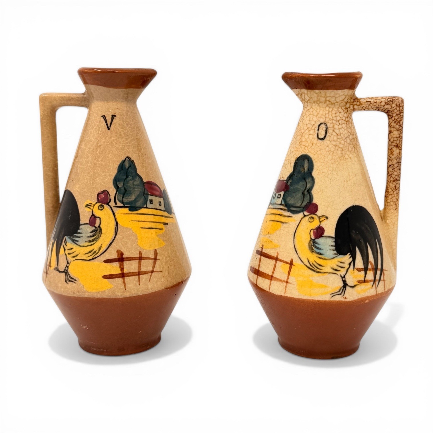 Vintage Hand Painted Rooster Oil and Vinegar Cruets Set Mid Century Farmhouse 5″