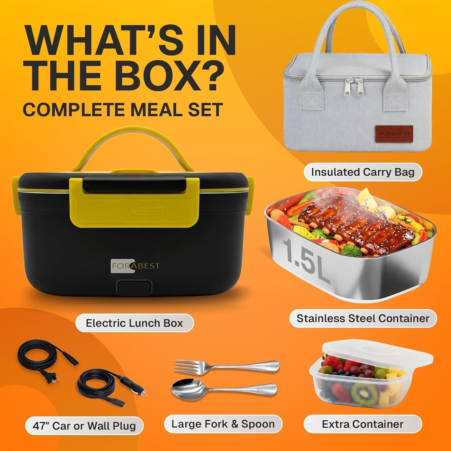 FORABEST Heated Lunch Box – 80W Electric – 1.5L, Black Yellow