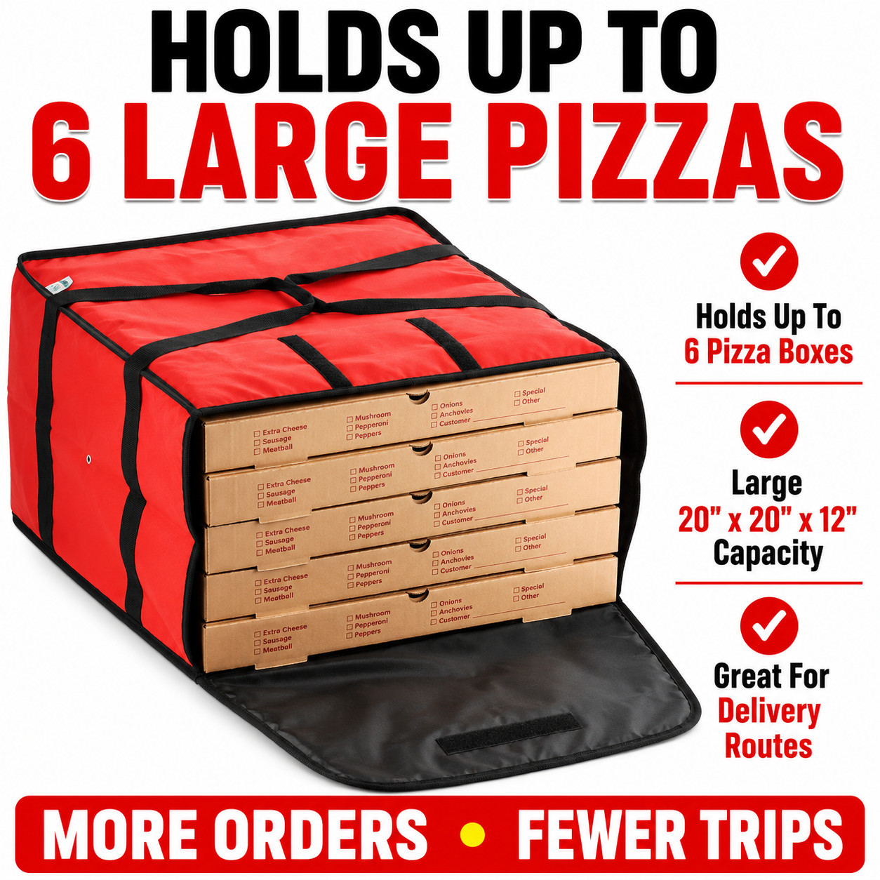 20″ x 20″ x 12″ Red Vinyl Insulated 16″ & 18″ Pizza Food Delivery Bag