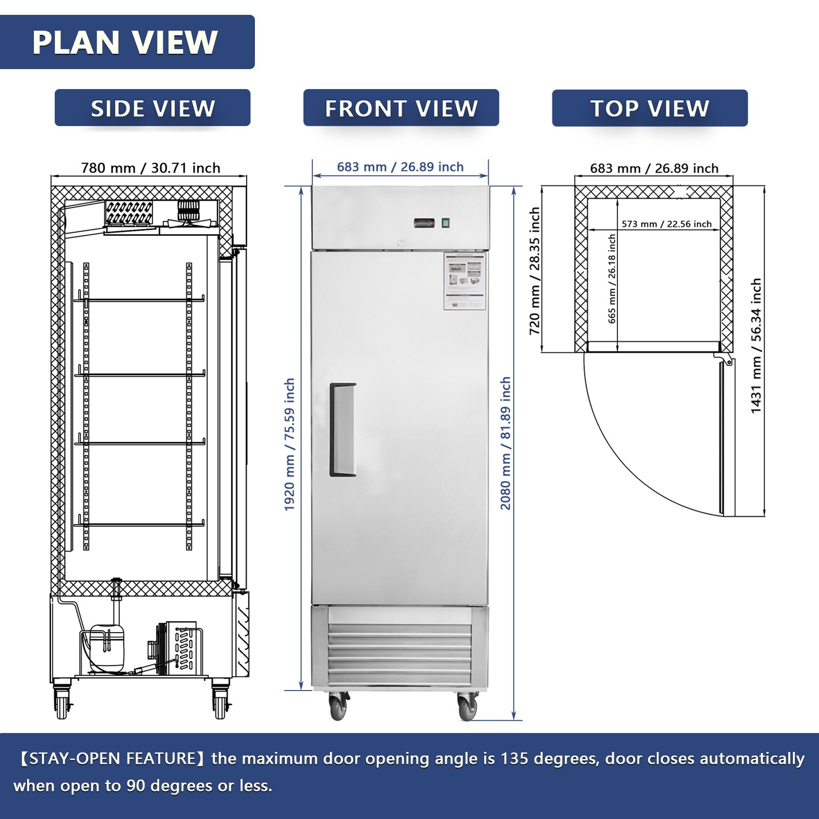 27»W Commercial Refrigerator 18.7 Cu.ft Reach-in 1 Solid Door Fridge