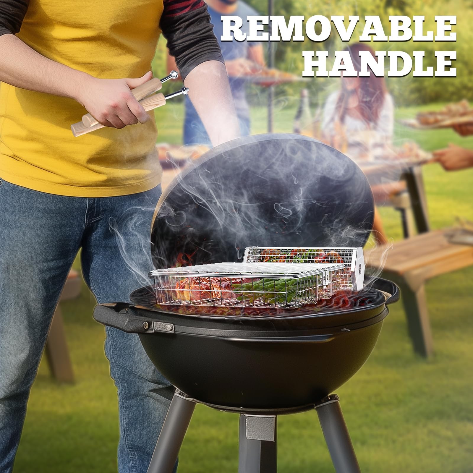 Ivtivfu Grill Basket Set Removable Wooden Handle 304 Stainless Steel Rolling